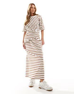 ASOS DESIGN short sleeve with twist detail midaxi dress in cream and brown stripe | ASOS (Global)