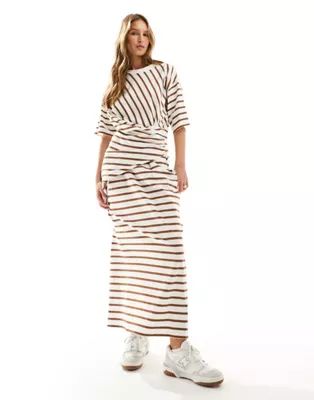 ASOS DESIGN short sleeve with twist detail midaxi dress in cream and brown stripe | ASOS (Global)