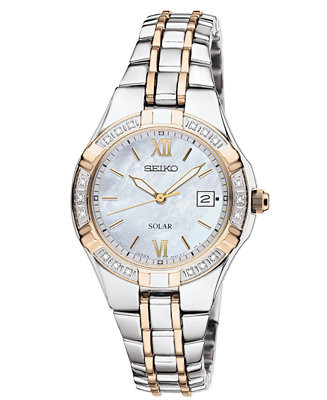 Seiko Watch, Women's Solar Diamond Accent Two Tone Stainless Steel Bracelet 27mm SUT068 - Macy's | Macy's