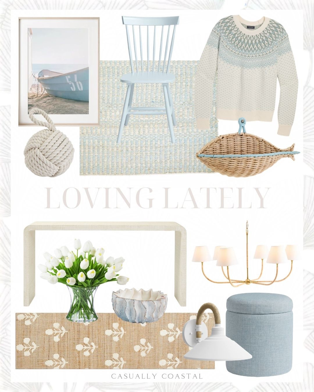 What caught my eye this week, and what I’m loving lately! —— Coastal home decor, coastal style, coastal rug, coastal wall art, coastal artwork, coastal ottoman, round ottoman, storage ottomans, blue ottomans, coastal chair, blue dining chairs. coastal decor, beach house decor, fish decor, coastal sweater, pesce wicker wall basket, wayfair rug, neutral rug, wool and jute area rug, natural runners, entryway rug, dining rug, Serena & lily rug, blue rug, 6x9 rug, 8x10 rug, 9x12 rug, 11x14 rug, oak solid wood side chair, rope knot, weighted floor stop, fair isle sweater, vineyard vines sweater, wrapped rattan chandelier, blue boat photography print, raffia console, ceramic decorative bowl, arrangement in vase, round storage ottoman, steel spotlight, living room furniture, entryway furniture

#LTKSaleAlert #LTKHome