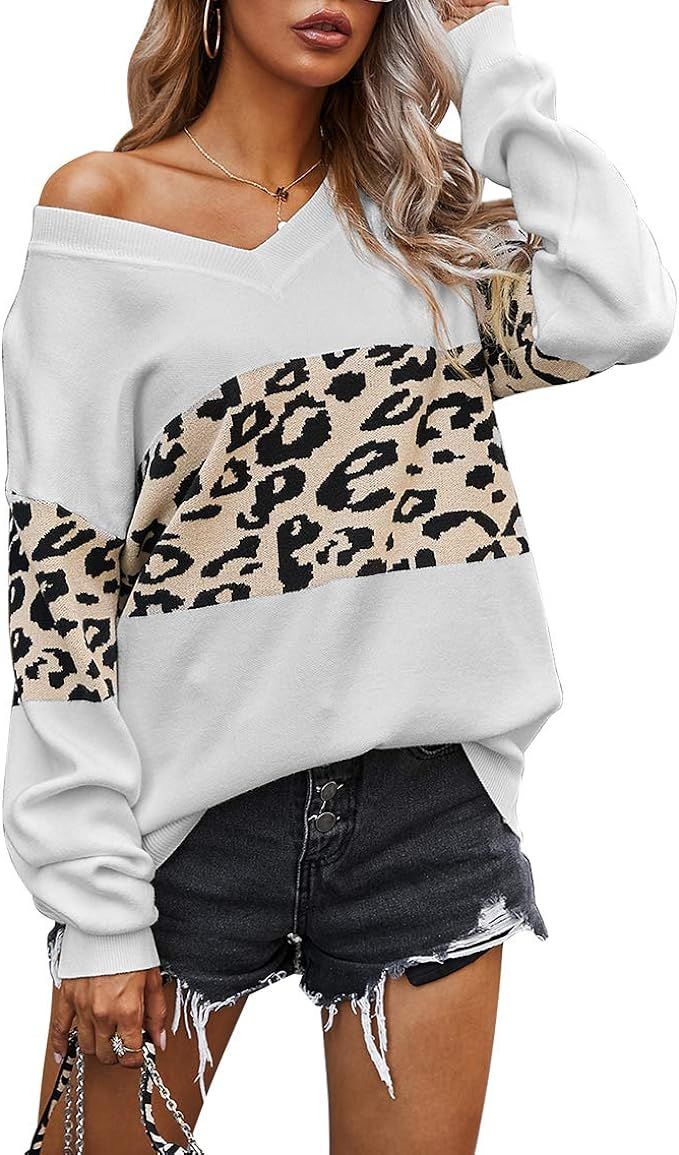 PRETTYGARDEN Women’s Casual Long Sleeve Off Shoulder Knitted Sweater Leopard Print Color Block ... | Amazon (US)