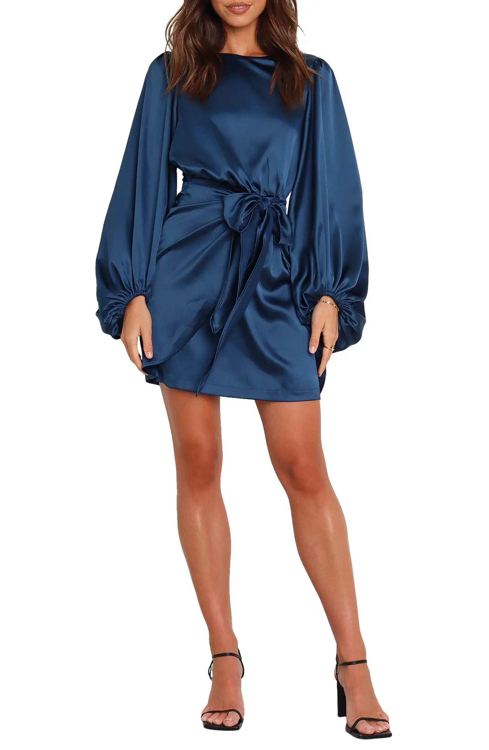 Opal Tie Waist Long Sleeve Satin Minidress | Nordstrom