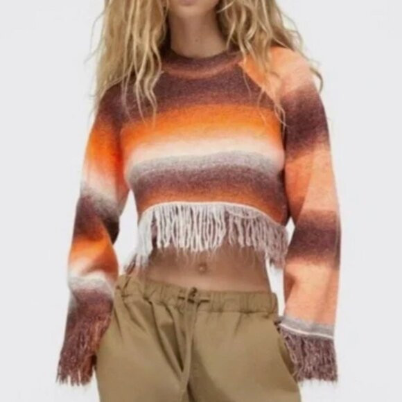 Zara Fringed Cropped Striped Pullover Long Sleeve Sweater Orange Ombre | Poshmark