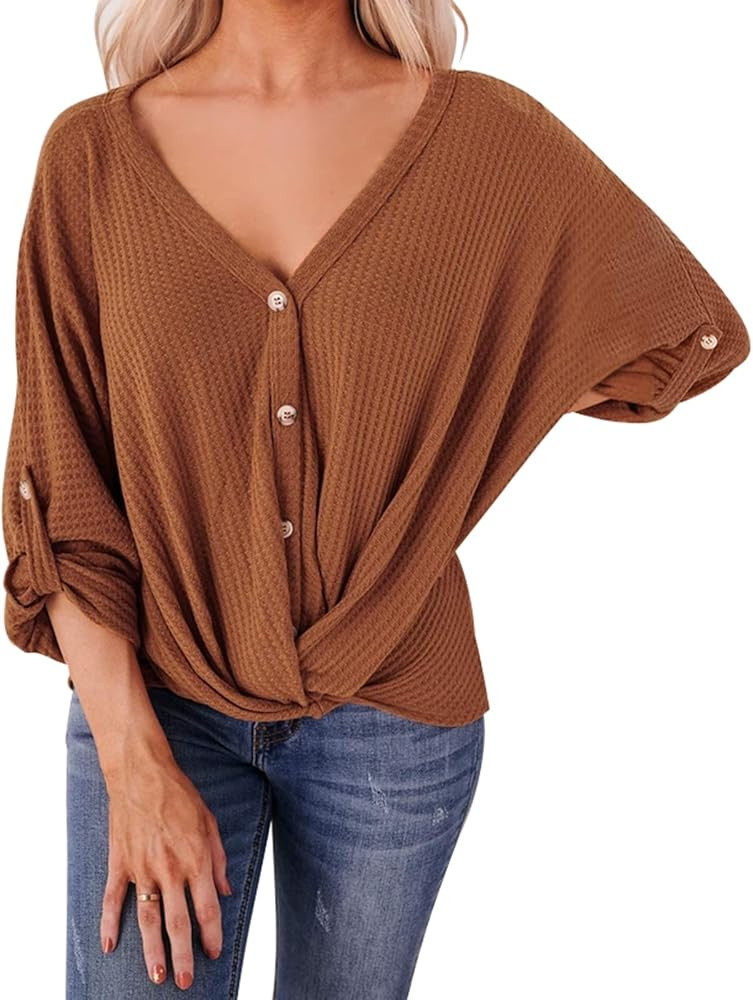 Nulibenna Women's Oversized 3/4 Sleeve Button Down Blouse V Neck T Shirts Waffle Knit Tie Knot He... | Amazon (US)
