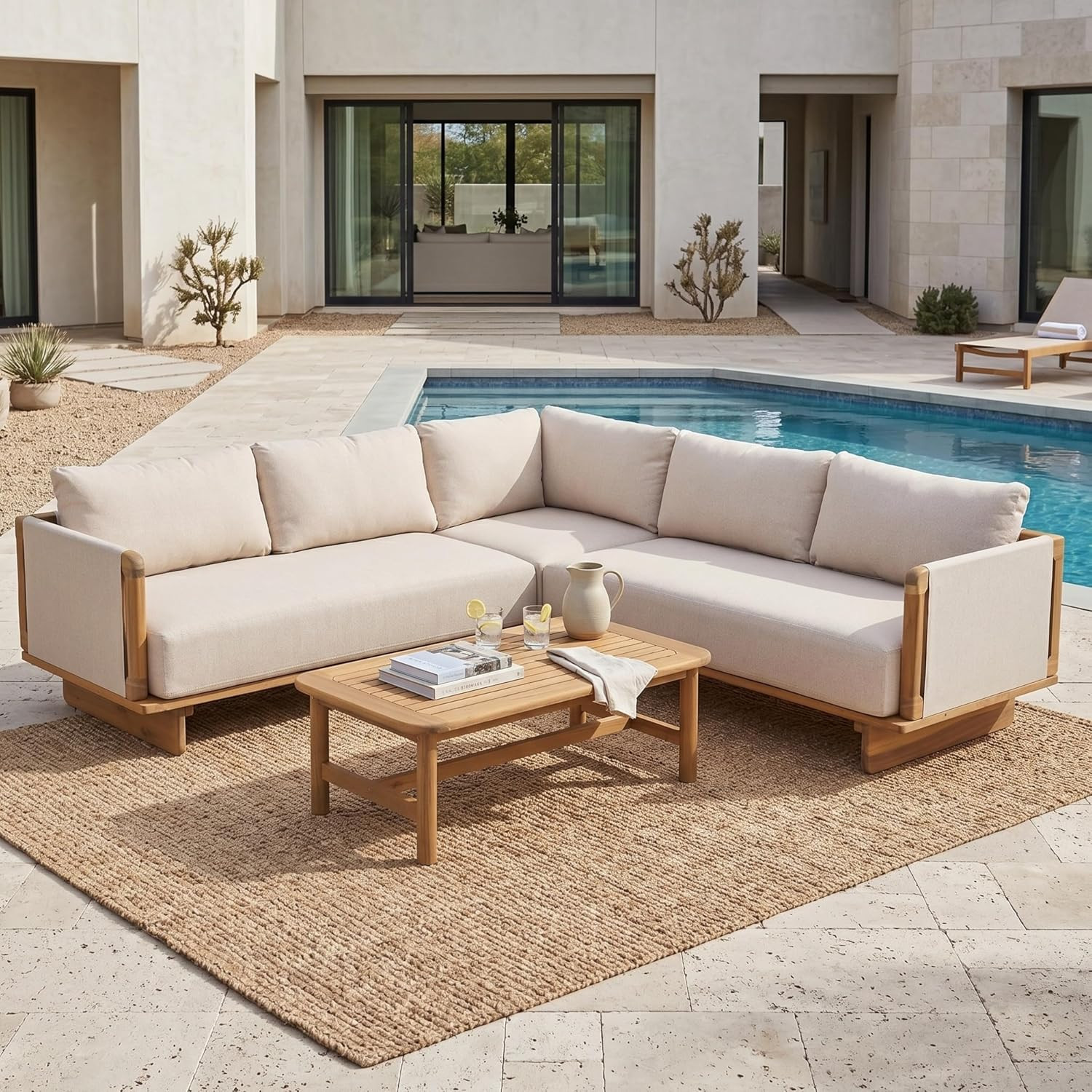 Merax 4 Piece Patio Outdoor Furniture Set, All-Weather V-Shaped Sectional Sofa with Cushions, 1 Coffee Table for Porch, Lawn, Backyard, Balcony, Light Teak+ Beige | Amazon (US)