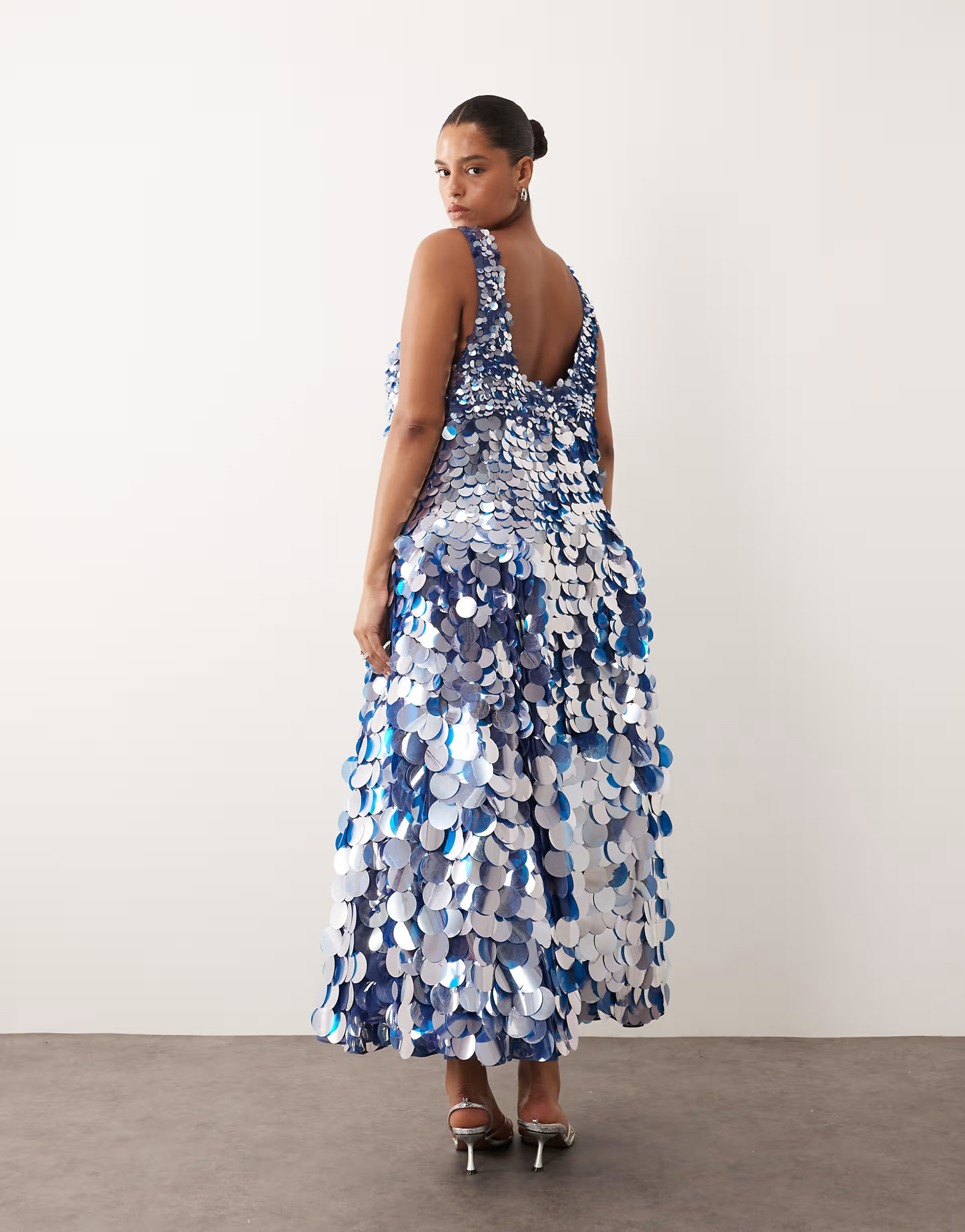 ARRANGE Curve embellished disc sequin square neck full skirt midi dress in blue | ASOS | ASOS (Global)