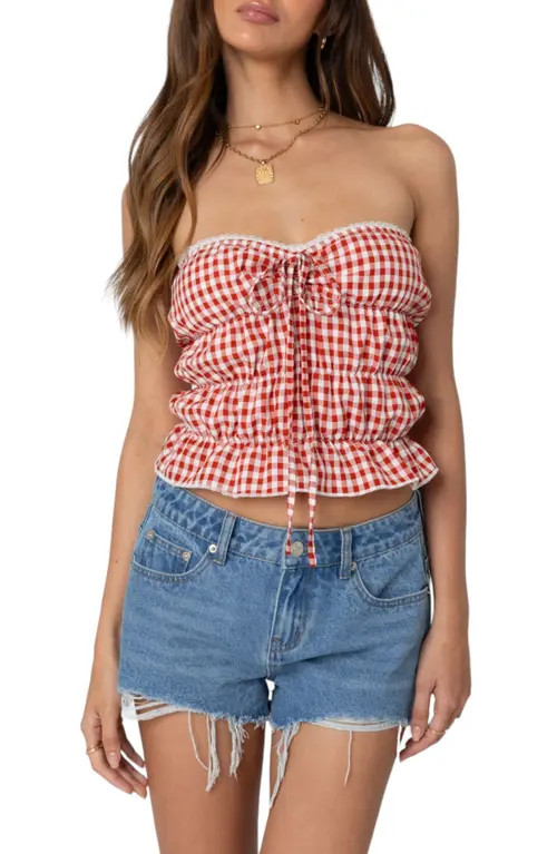 EDIKTED Lanna Gingham Scrunched Tube Top in Red at Nordstrom, Size X-Small | Nordstrom