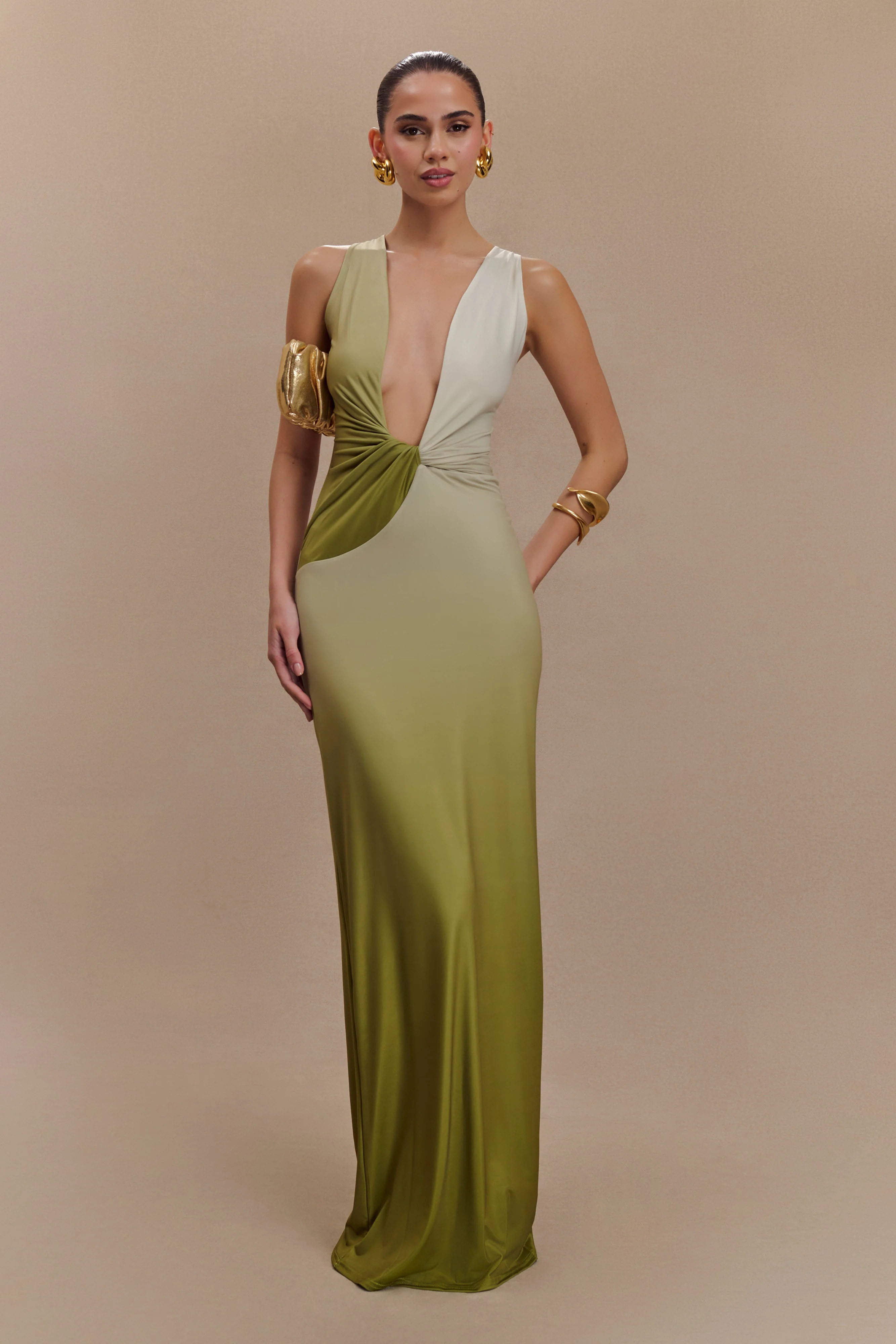 Stella Draped Slinky Maxi Dress - Ombre Vintage Olive | MESHKI US