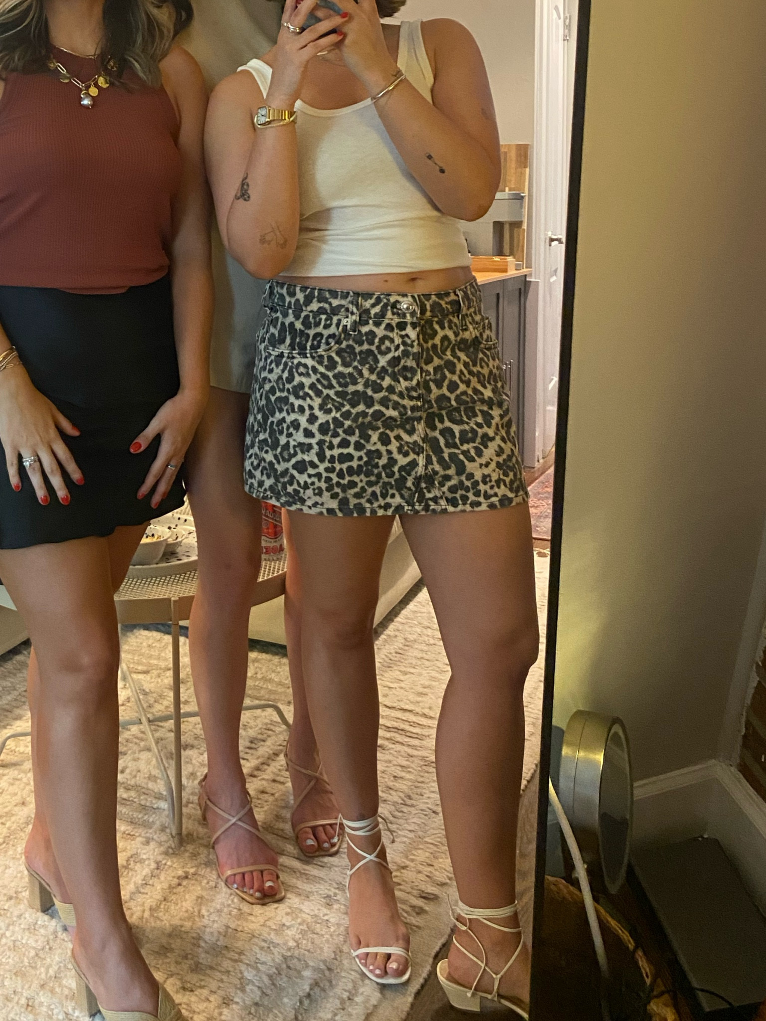 leopard skirt + white heels 
