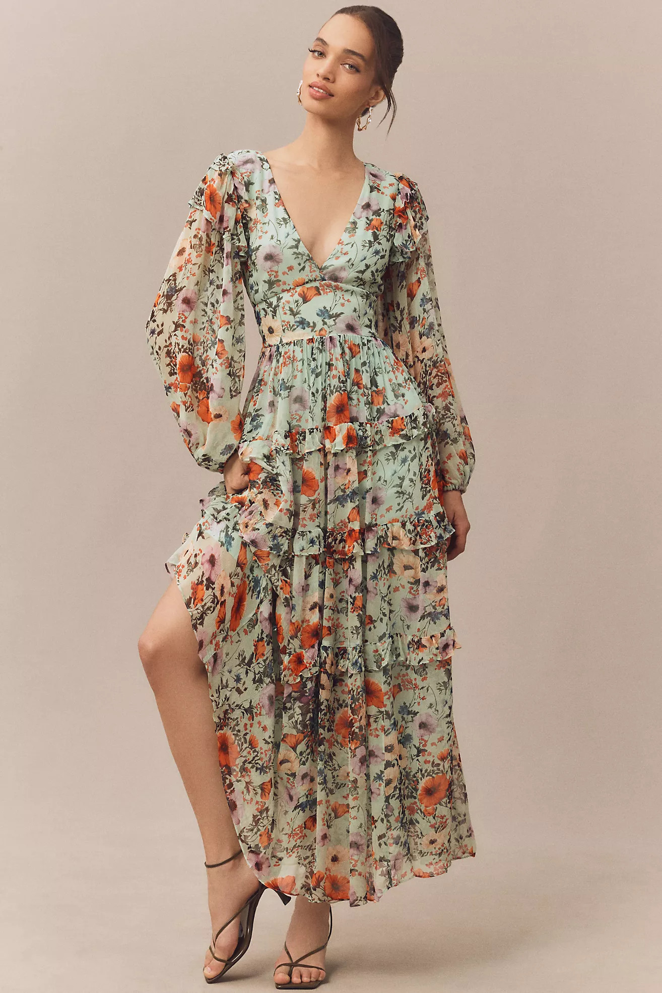 BHLDN Floral Chiffon Plunge Long-Sleeve Ruffle Maxi Dress | Anthropologie (US)