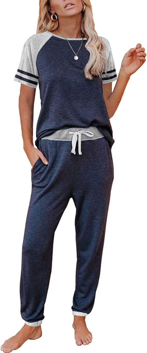 AUTOMET Lounge Sets For Women Two Piece Outfits Loungewear Short Sleeve Crewneck Jogger Pajama Se... | Amazon (US)