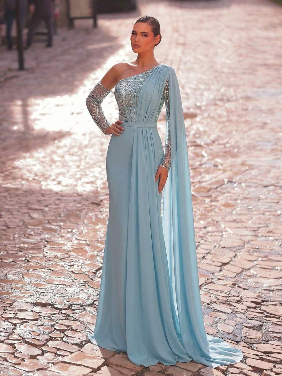 LocalAureia Elegant Green Chiffon Sequin Patchwork Asymmetric Shoulder Long Sleeve Fishtail Hem D... | SHEIN