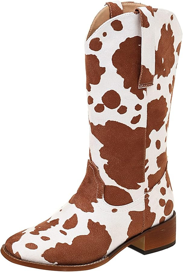 Cozivwaiy Women Mid Calf Cowboy Boots Chunky Heel Half Boot Cow Print Western Boots Plus size (US... | Amazon (US)
