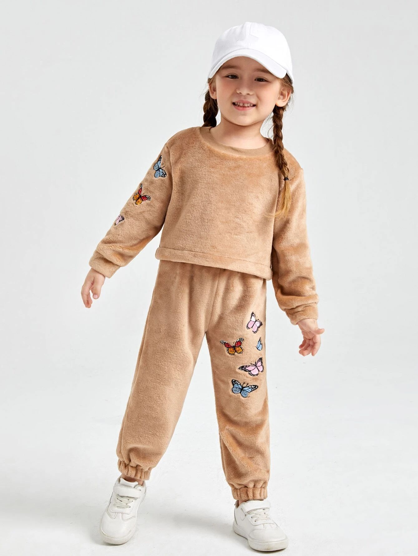 Toddler Girls Butterfly Embroidery Flannel Top & Pants | SHEIN