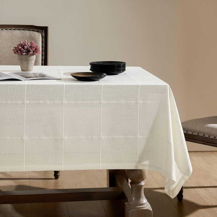 ZeeMart Grid Embroidered Hemmed Tablecloths, Off White 60x120 Inch, Farmhouse Style Heavy Weight ... | Amazon (US)