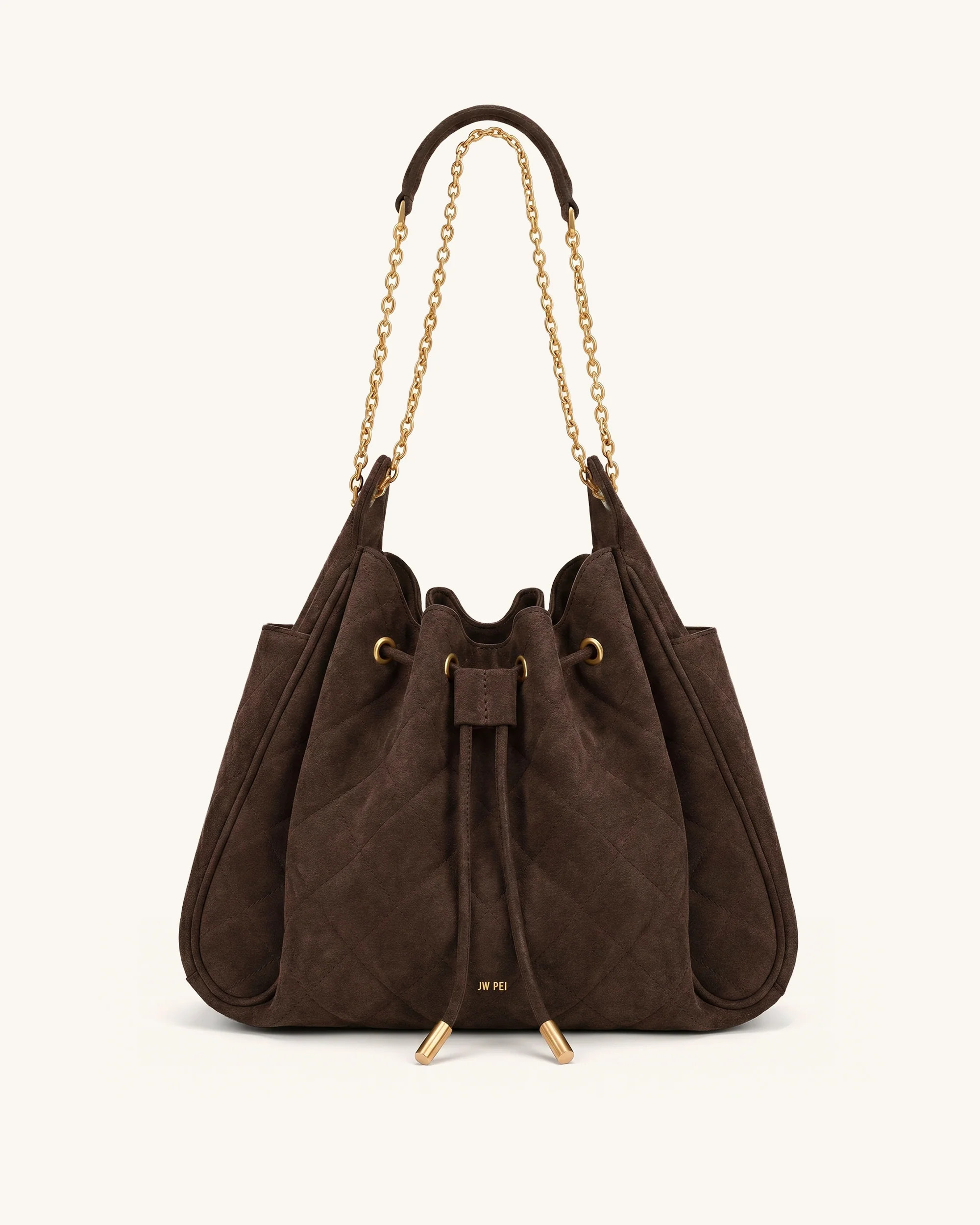 Rowan Faux Suede Quilted Chain Bucket Bag - Dark Brown | JW PEI US