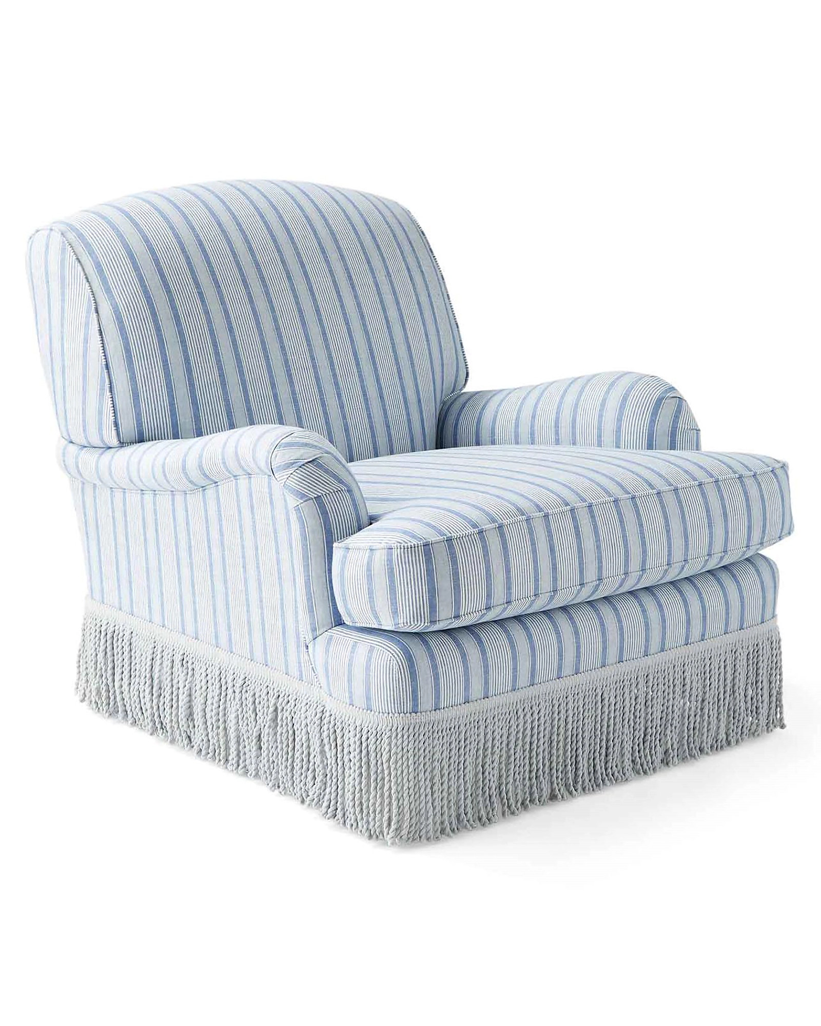 Miramar English Roll Arm Chair in French Blue Kensington Stripe with Coastal Blue Bullion Fringe | Serena and Lily