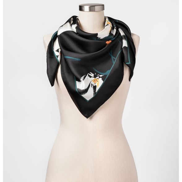 Women's Floral Print Silk Square Scarf - A New Day™ Black One Size | Target