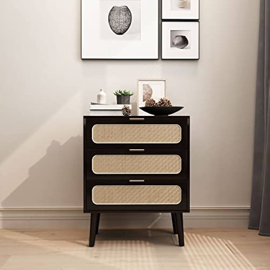 RARZOE Rattan Nightstand Dresser Chest of 3 Drawers, Wood Storage Dresser Cabinet Organizer Unit ... | Amazon (US)
