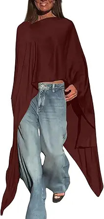 Heevina Long Sleeve Shirts For Women Chiffon Batwing Wrap Poncho Loose Fit Lightweight Shirt Tshi... | Amazon (US)