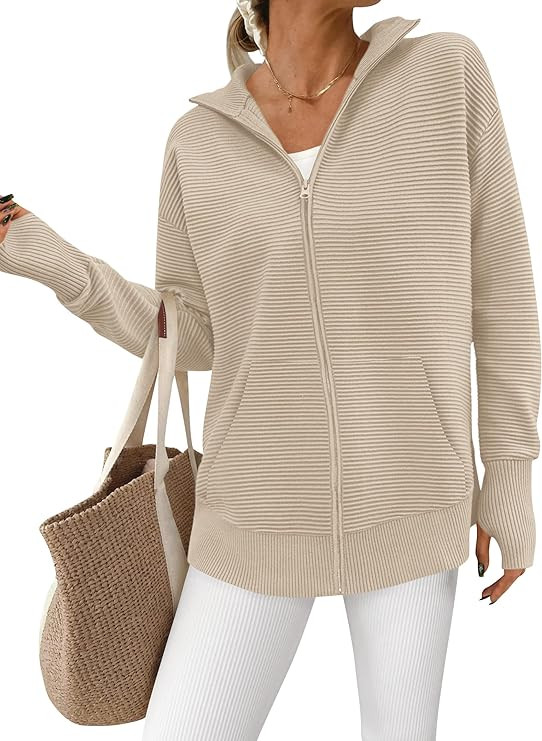 PRETTYGARDEN Womens Fall 2025 Long Sleeve Zip Up Cardigan Sweaters Casual Loose Collared Ribbed K... | Amazon (US)