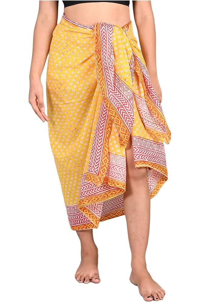 100% Cotton Hand Block Printed Sarong Womens Swimsuit Wrap Cover Up, Beach Bikini Skirt Pareo Sca... | Amazon (US)