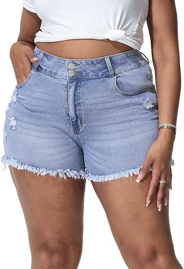 ALLEGRACE Sexy Plus Size Denim Shorts Women Distressed High Waist Shorts with Pockets | Amazon (US)