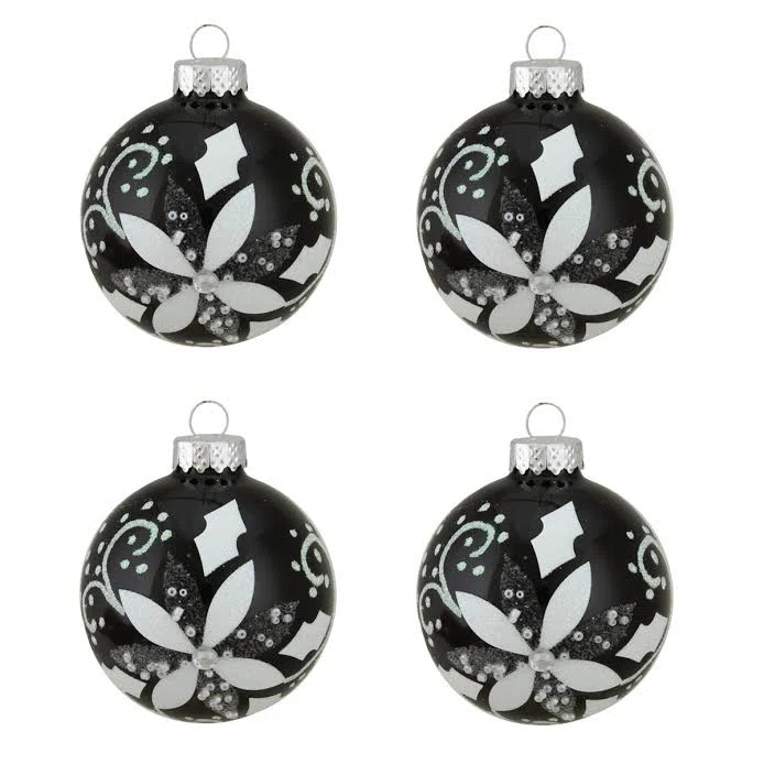 Shiny Black with White Glitter Flower Design Glass Ball Christmas Ornaments 2.5" (Set of 4) | Wayfair North America