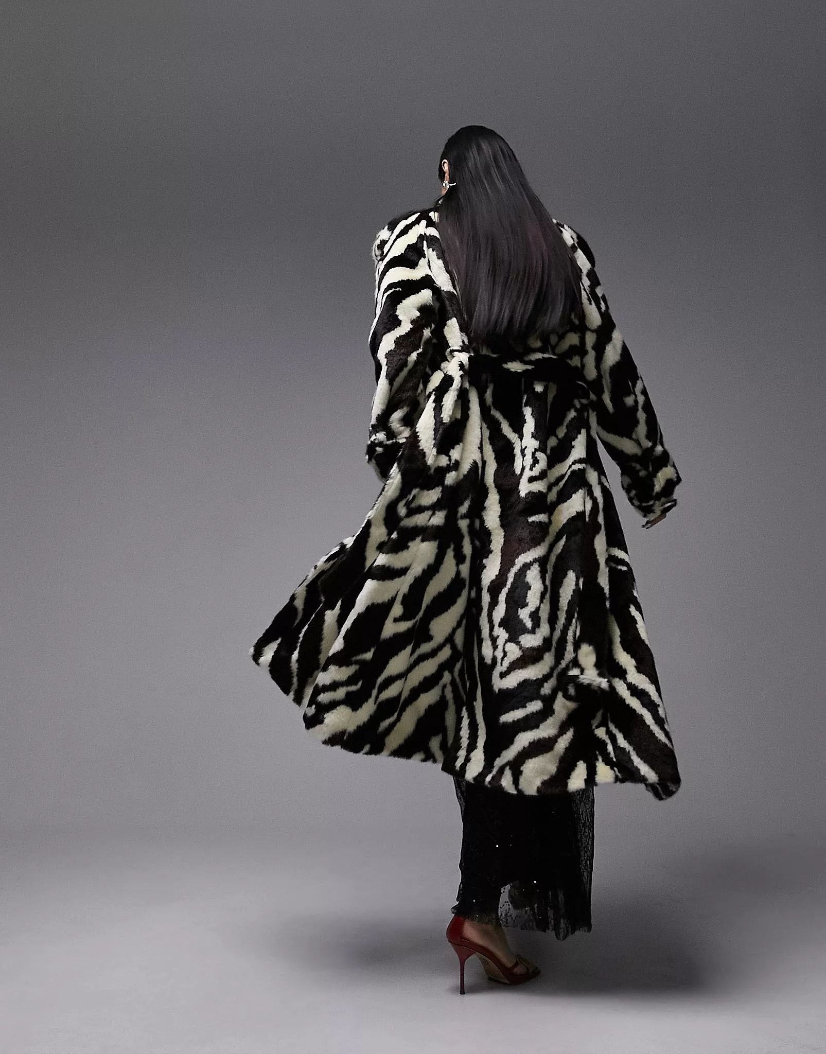 Topshop faux fur long-line belted coat in zebra print | ASOS (Global)