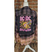 Upcycled Bleached Flannel Shirt With Vintage T-Shirt Ac/Dc Rock Band Back Patch. Custom-Made To Your | Etsy (US)