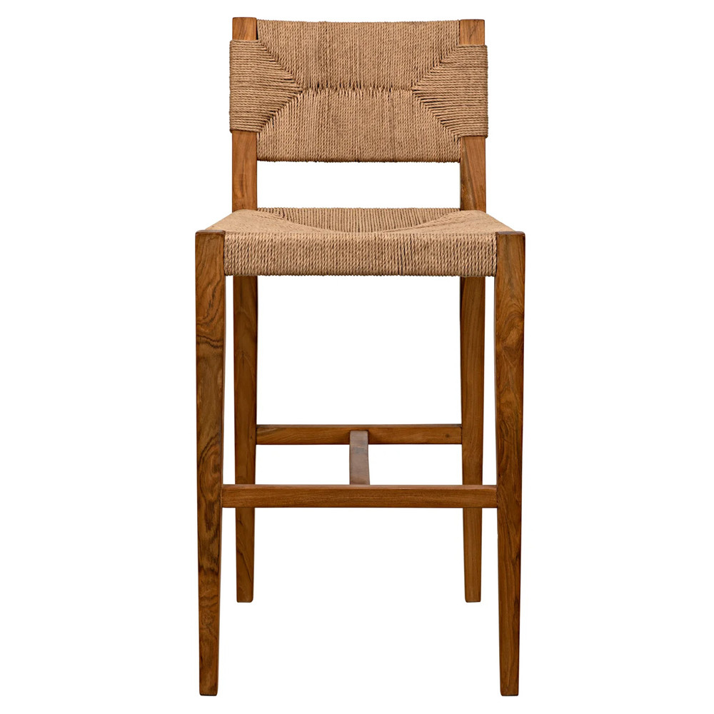 Noir Bran Coastal Beach Natural Teak Wood Woven Cord Counter Stool | Kathy Kuo Home
