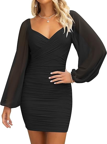 ZESICA Women's Sexy V Neck Ruched Bodycon Mini Dress Puff Long Sleeve Cocktail Wedding Party Shor... | Amazon (US)