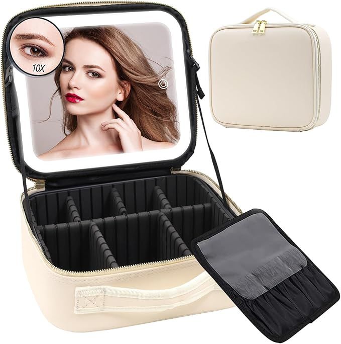 Travel Makeup Bag Cosmetic Bag Make up Organizer Bag with Large Lighted Mirror 3 Color Modes Adju... | Amazon (US)