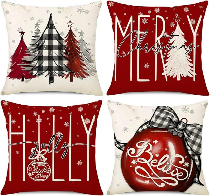 NIGHTWISH Christmas Pillow Covers 18x18 Set of 4 Red Christmas Decorations Xmas Tree Believe Orna... | Amazon (US)