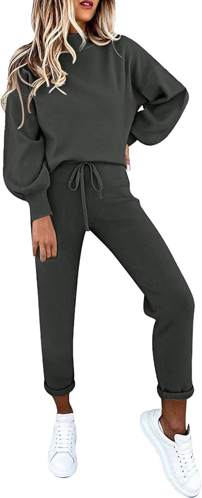Cutiefox Women's 2 Piece Sweatsuit Outfits Lantern Sleeve Pullover Tops and High Waist Jogger Pan... | Amazon (US)