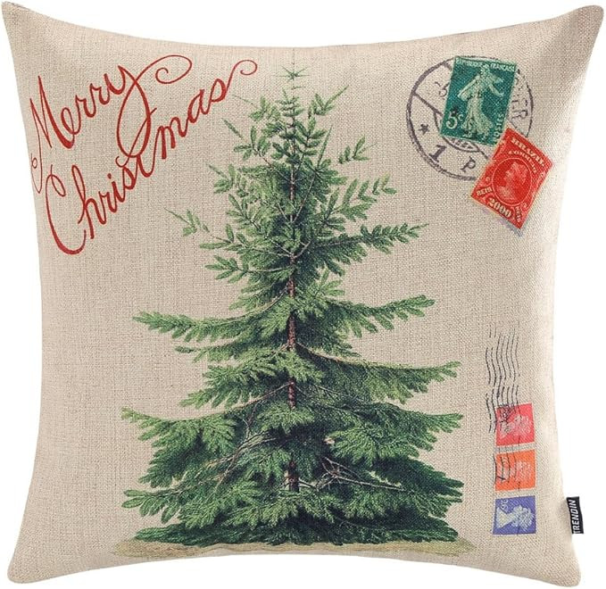 TRENDIN Merry Christmas Throw Pillow Cover Gifts Christmas Tree Xmas Home Decor Cotton Linen 18 x... | Amazon (US)