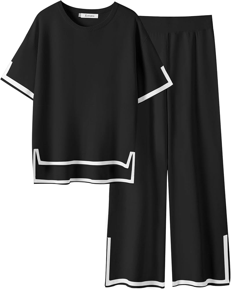 ANRABESS Two Piece Outfits for Women 2024 Fashion Short Sleeve Tops Wide Leg Pants Trendy Knit Sw... | Amazon (US)