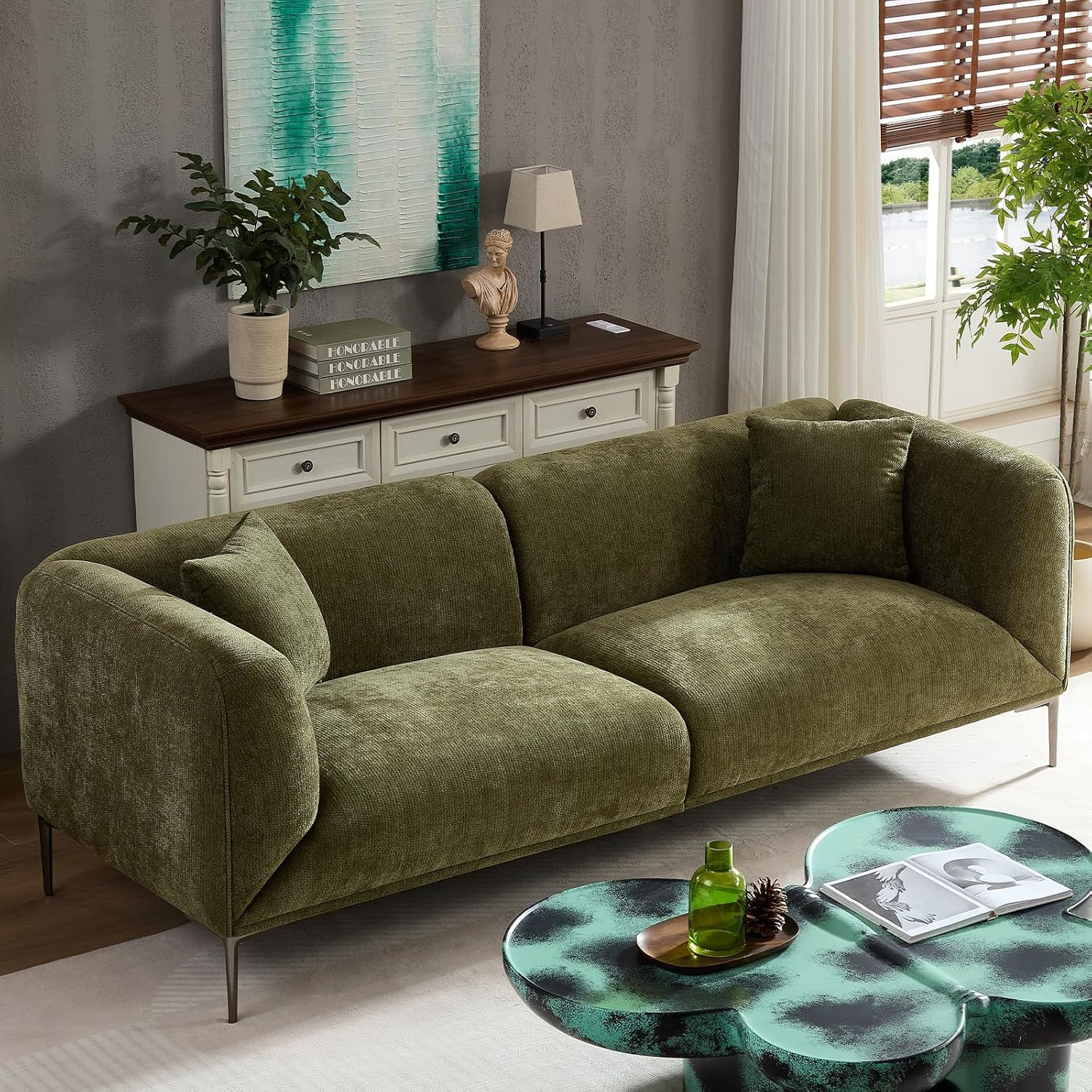 82.7" Modern Sofa with Metal Legs, Comfy Boucle Couch, Minimalist Curved Sofas, Luxury 3 Seater Deep Sofa, Upholstered Cloud Couches for Living Room Bedroom Home Office Apartment, Green | Amazon (US)