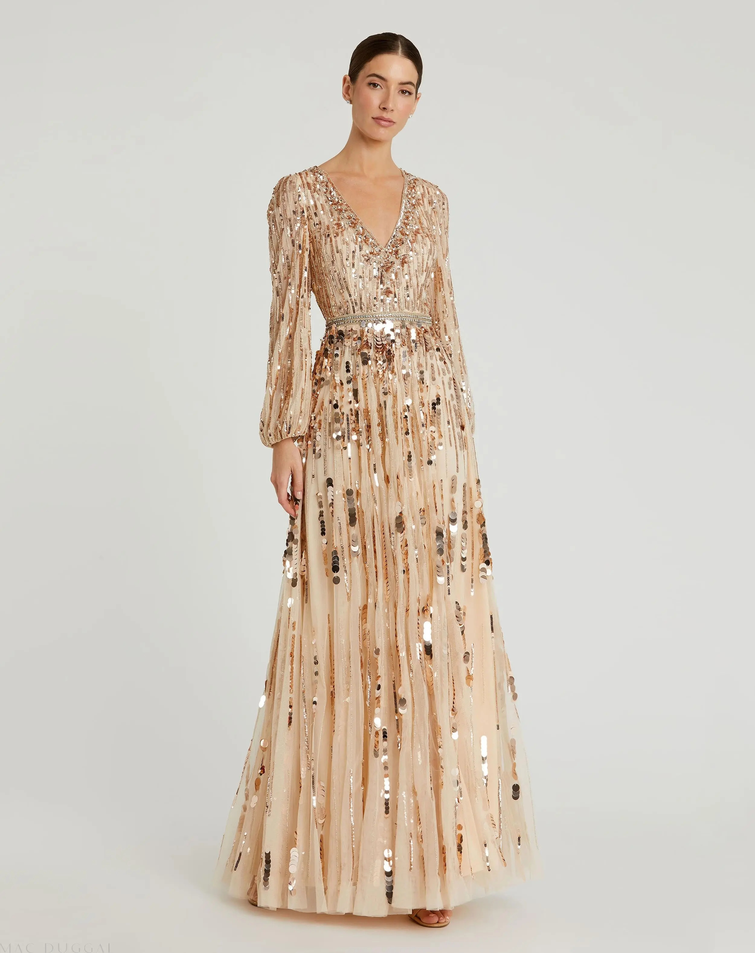 Embellished Mesh Long Sleeve V Neck Gown - Mac Duggal | Mac Duggal