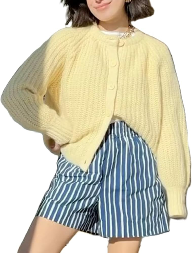 Women Y2k Knitted Cropped Cardigan Sweater Long Sleeve Crewneck Button Down Open Front Knitwear T... | Amazon (US)