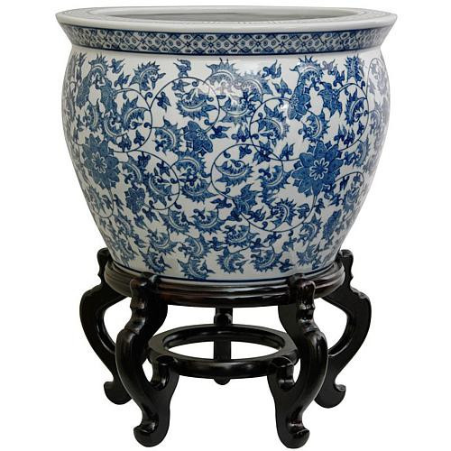 Oriental Furniture 14"" Floral Blue and White Porcelain Fishbowl | HSN