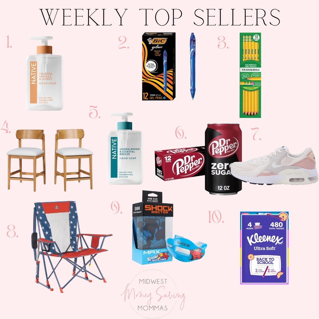 Weekly top sellers

 Best sellers hand soap pencils pens dining table chairs Dr Pepper snacks Nike sneakers camping chair mouth guard Kleenex

#LTKSeasonal #LTKmomlife #LTKHome