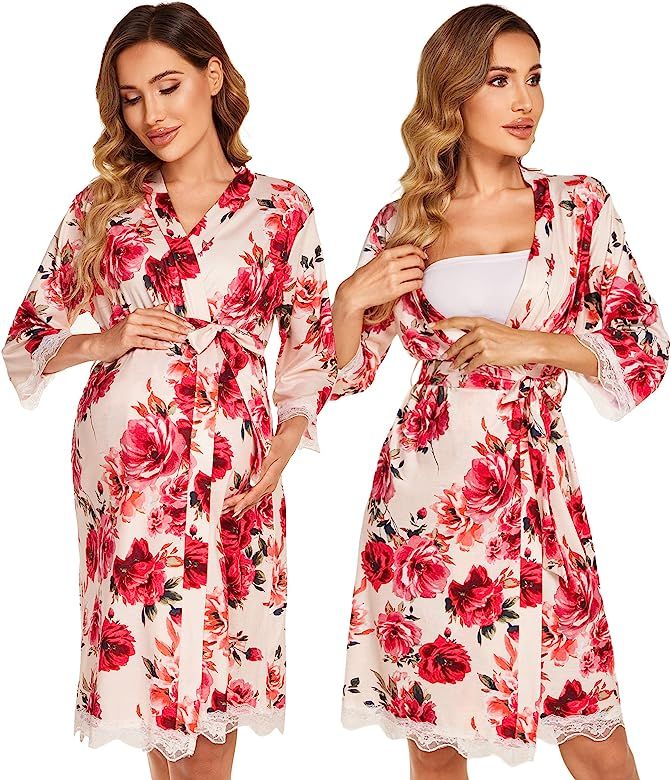 Ekouaer Maternity Robe - Labor and Delivery Nursing Bathrobes Striped Lace Trim Kimono Nightgown | Amazon (US)