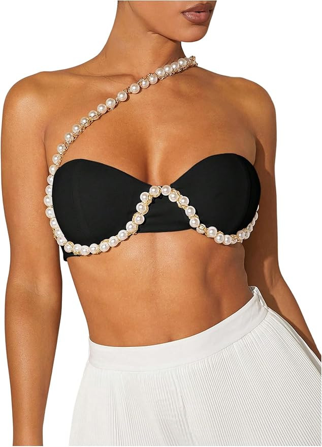 OYOANGLE Women's Pearl Beaded One Shoulder Cut Out Micro Crop Top Party Clubwear Sleeveless Tops | Amazon (US)