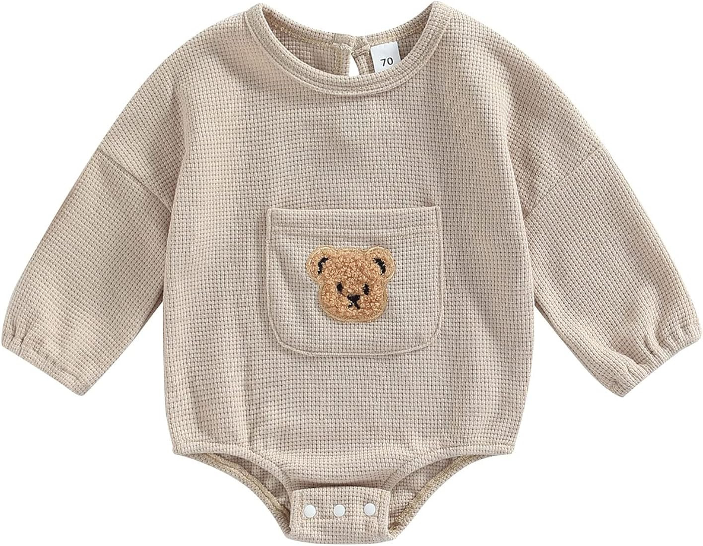 Newborn Baby Boy Girl Romper Long Sleeve Bear Front Pocket Waffle Knit Bodysuit Top Fall Winter C... | Amazon (US)