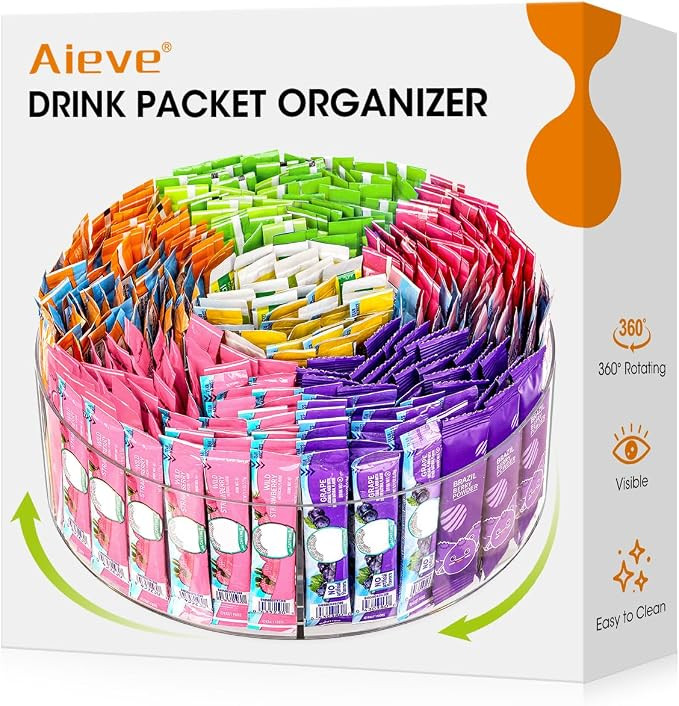 AIEVE Extra Large Drink Packet Organizer, 360° Lazy Susan Rotating Turntable for Larger Powder D... | Amazon (US)