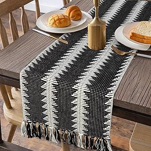 Moroccan Fringe Table Runner 14 in x 102 in, KIMODE Farmhouse Bohemian Geometric Black and White ... | Amazon (US)