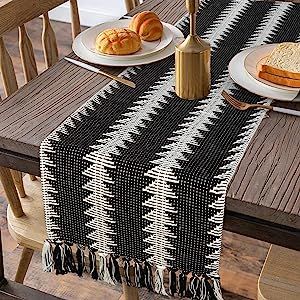 Moroccan Fringe Table Runner 14 in x 102 in, KIMODE Farmhouse Bohemian Geometric Black and White ... | Amazon (US)