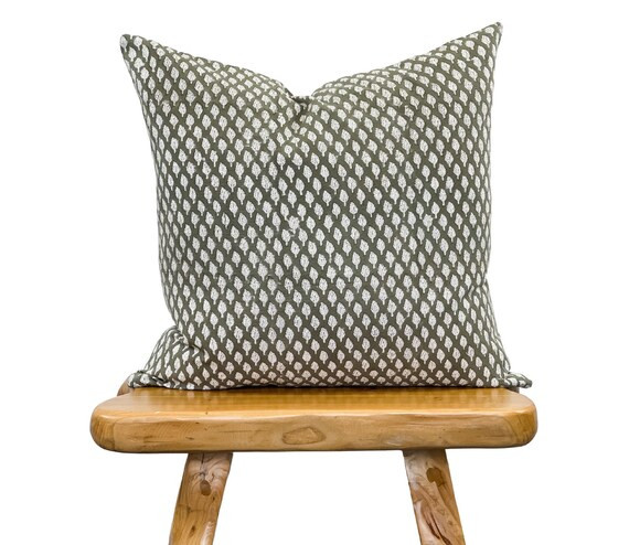 Green Pillow and Natural Off White Floral Linen Decorative Pillow Cover, Sofa Lumbar Pillow, Thro... | Etsy (US)