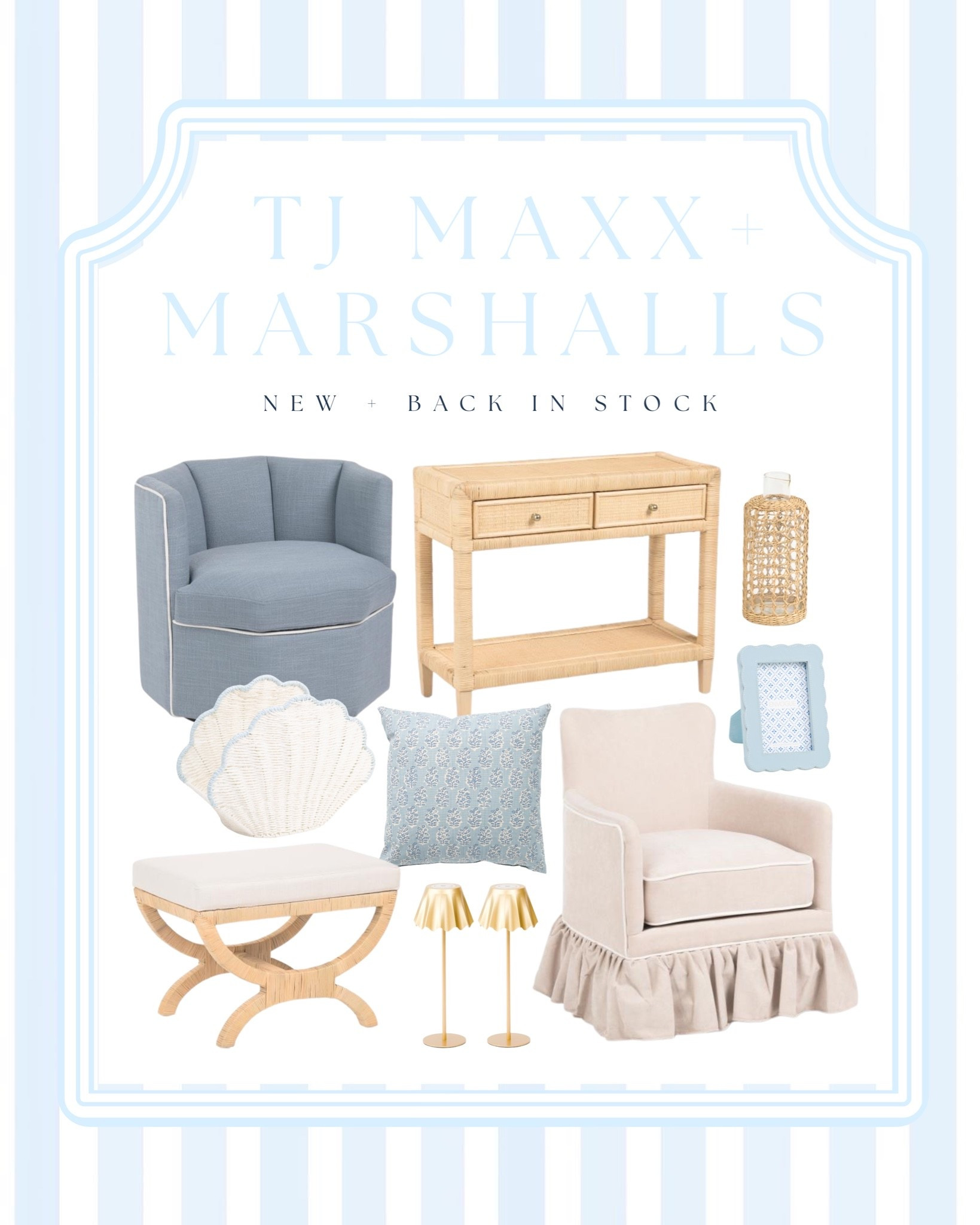 TJ Maxx + Marshalls just dropped the prettiest new home arrivals and restocked so many classic coastal favorites — from blue accent chairs and rattan consoles to scalloped decor, light blue frames, coastal  throw pillows, and skirted chairs. These affordable coastal home decor finds look SO high end and are perfect for a modern coastal, Nancy Meyers, Hamptons-inspired, or beach cottage aesthetic. Saving all the light blue decor, wicker accents, and timeless neutral furniture for summer home refresh inspiration ✨ #TJMaxxFinds #MarshallsFinds #CoastalHomeDecor #ModernCoastal #NancyMeyersStyle #BeachHouseDecor #CoastalGrandmother #RattanFurniture #ScallopedDecor #BlueAndWhiteDecor #AffordableHomeDecor #HamptonsStyle #HomeDecorFinds #InteriorDesignInspo #GrandmillennialStyle #NeutralHomeDecor #SummerHomeDecor #WovenDecor 

@Marshalls @TJ Maxx

#LTKHome #LTKSaleAlert #LTKHome